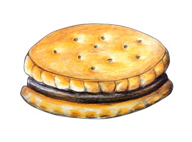 Çikolata dolgulu sandviç kurabiyeleri ve erimiş çikolata. Beyaz arka planda izole edilmiş gerçekçi suluboya çizimler..