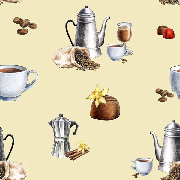 Bir fincan kahve, tarçın, vanilya çiçekleri ve dikişsiz şekerler, suluboya kalemler.