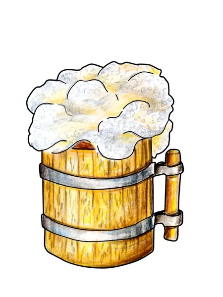 木のビールマグカップのイラストです — ストック写真