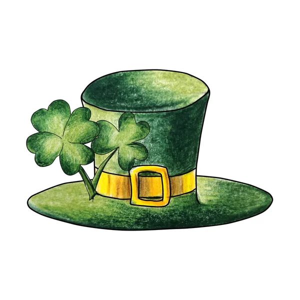 妖精帽和三叶草 圣帕特里克节 爱尔兰假日 绿色帽子白色背景孤立水彩画铅笔 — 图库照片