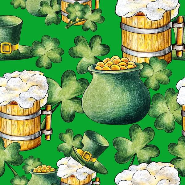 带有黄金 啤酒和三叶草的小妖精帽壶 圣帕特里克节 爱尔兰假日 绿色帽子白色背景孤立的水彩铅笔画无缝图案 — 图库照片