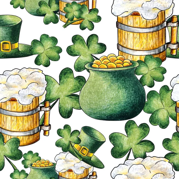 带有黄金 啤酒和三叶草的小妖精帽壶 圣帕特里克节 爱尔兰假日 白色背景水彩铅笔上的绿色帽子画成无缝图案 — 图库照片