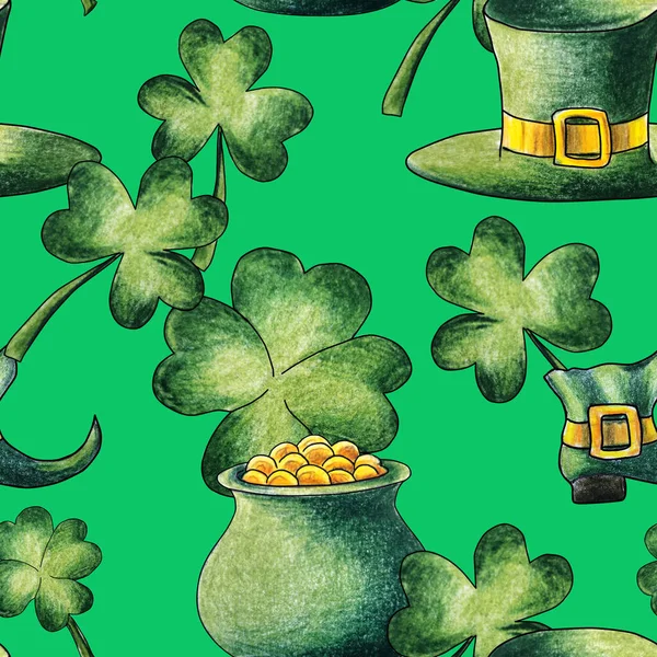 用黄金和三叶草制成的妖精帽壶 圣帕特里克节 爱尔兰假日 绿帽绿底孤零零的水彩铅笔画无缝图案 — 图库照片