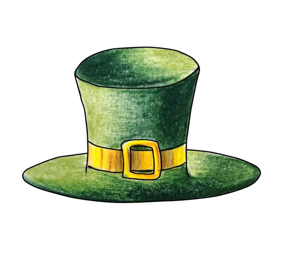 Leprechaun帽子 圣帕特里克节 爱尔兰假日 绿色帽子白色背景孤立水彩画铅笔 — 图库照片