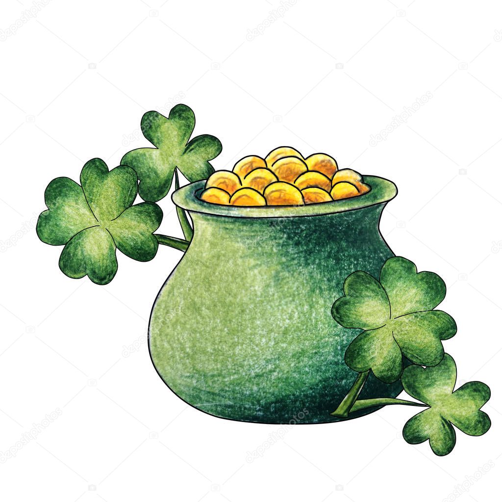 leprechaun hat pot with gold, and clover. St. Patrick's Day, Irish holiday, green hat on white background watercolor pencils drawing isolated