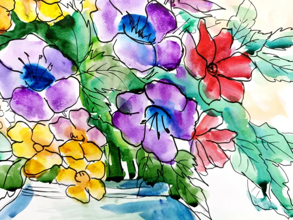 Spring Flowers Watercolor Painting Bouquet Selective Focus Copy Space — Stock Photo, Image