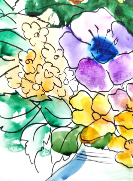 Spring Flowers Watercolor Painting Bouquet Selective Focus Copy Space — Stock Photo, Image