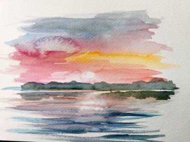 Soyut el çizimi suluboya arkaplan: Gün batımlı yaz manzarası