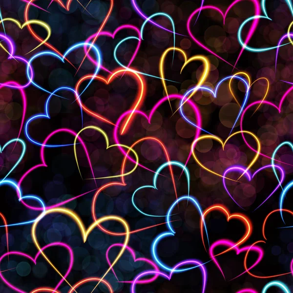 Mehrfarbige Neonfarbene Herzen Mit Nahtlosem Muster Auf Schwarzem Hintergrund — Stockfoto