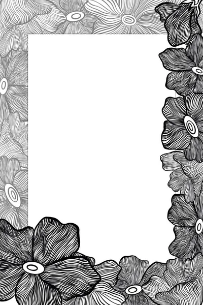 Black and white hand-drawn square frame with place for text Isolated stylized flowers