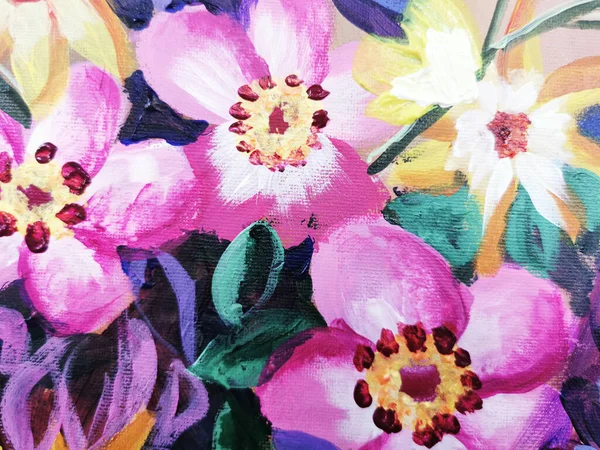 Heller Strauß Von Gartenblumen Wildblumen Ölgemälde Auf Leinwand — Stockfoto
