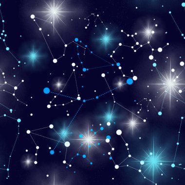 Koyu arkaplan üzerindeki yıldızlar ve takımyıldızları dikişsiz desen