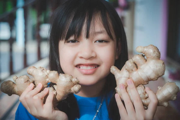 Menina Asiática Segurando Raiz Gengibre Com Sorriso Feliz Conceito Ervas — Fotografia de Stock