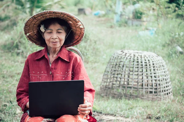 Yaşlı bir Asyalı kadın, gülümsemesi ve mutluluğu olan bir tarım arazisinde dizüstü bilgisayar öğreniyor ve kullanıyor.