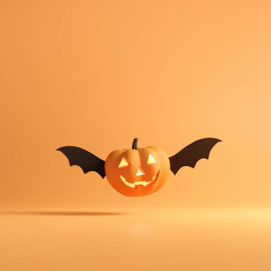 Cadılar Bayramı konsepti, turuncu arka planda uçan kanatlı Mutlu Balkabağı, minimal stil, 3D görüntüleme.