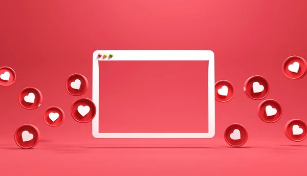 网上简单的浏览器窗口与爱心图标 抽象的流行设计社交媒体广告情人节 3D渲染 — 图库照片