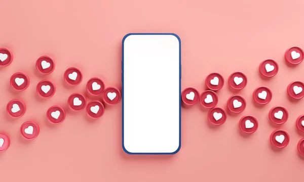 ハート 愛のシンボル バレンタインデーのコンセプトと白の背景に空白の画面を持つ携帯電話 3Dレンダリング — ストック写真