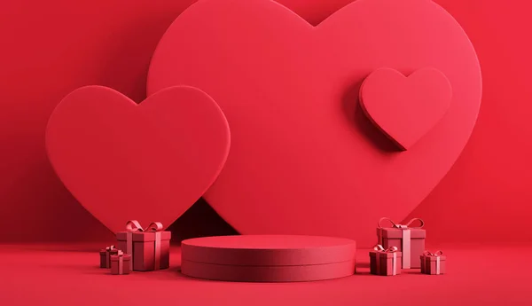 Valentine, Red Heart ve kırmızı arka planda kurdeleli hediye kutusu için en düşük podyum ürünü. 3d hazırlayıcı.