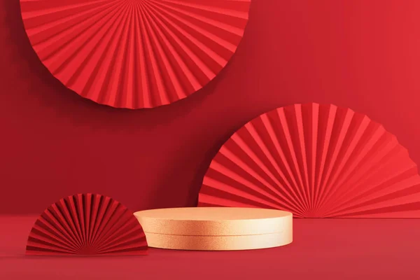 Kinesiska Nytt Golden Podium Display Mockup Röd Abstrakt Bakgrund Med — Stockfoto