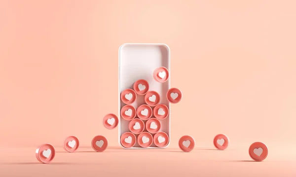 Simge kalplerini ve aşkı akıllı telefonda çoğalt, Sevgililer Günü konsepti. Sosyal medya başarılı pazarlama stratejileri, 3D oluşturma.