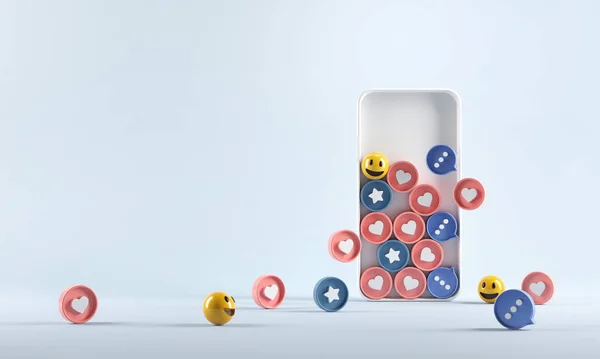 Simgeyi (kalp, sevgi, takip, gibi) akıllı telefonda çoğalt. Sosyal medya başarılı pazarlama stratejileri, 3D sunum. Boşluğu kopyala.