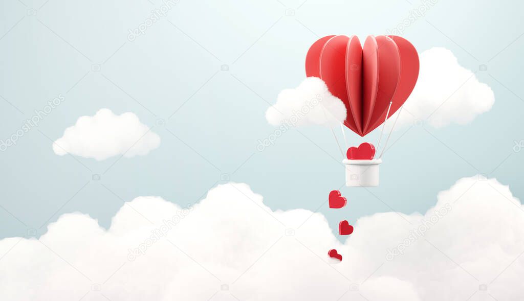 3d balloon flying with heart float on the cloud sky, Valentine's day concept, 3d render.