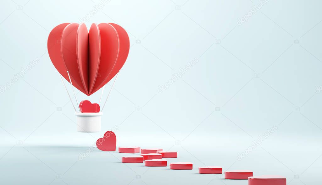 3d balloon flying with heart, Valentine's day concept, 3d render.