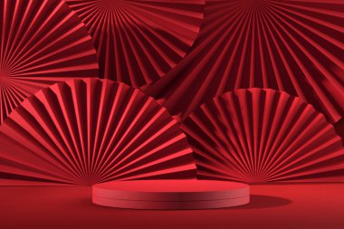 Çin 'de yeni yıl, kırmızı podyum kırmızı soyut arka planda kırmızı el kâğıdı fanı, en az sunum için sahne, 3D sunum.