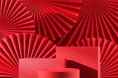 Çin 'de yeni yıl, kırmızı podyum kırmızı soyut arka planda kırmızı el kâğıdı fanı, en az sunum için sahne, 3D sunum.