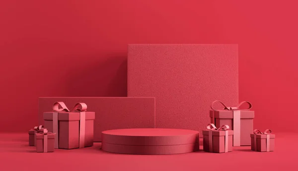 Valentine ve Christmas için minimum soyut ürün arkaplanı kırmızı arka planda kırmızı hediye kutusu olan podyum. 3 boyutlu görüntüleme. ürün tasarımı için aşama.