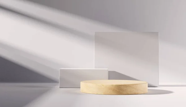Geometrik formlarla soyut asgari sahne. Beyaz arka planda silindir ahşap podyum sahnesi. Ürün kozmetik sunumu için, 3 boyutlu sunum yapın. ışık ve gölge.