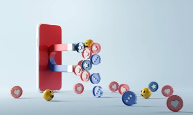 Sosyal medya pazarlama kavramı. Çekici (emoji, aşk, yıldız, yorum ikonu gibi) akıllı telefondan büyük bir mıknatıs, 3D görüntüleme. Boşluğu kopyala.
