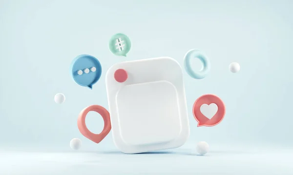 青の背景にコメントボタンのような愛を持つ写真フレーム 3Dイラスト ソーシャルメディアマーケティングのコンセプト — ストック写真