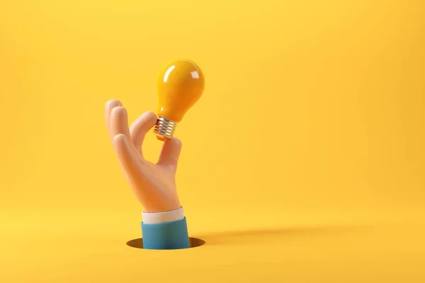 Mão Homem Negócios Segurando Lâmpada Fundo Amarelo Conceito Ideia Criativa — Fotografia de Stock