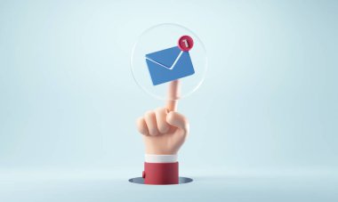 Bir e-posta mesajı olan yeni bir e-posta bildirim simgesine basan işadamı eli. Minimum tasarım. 3d oluşturma