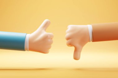 Başparmaklar yukarı ve baş parmaklar aşağı, gibi ve sevme, üç boyutlu render.