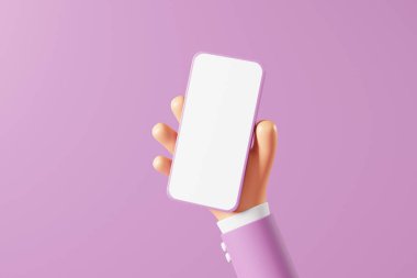 Mor arka planda akıllı telefonu tutan iş adamının eli model cep telefonunu gösteriyor. 3d hazırlayıcı.