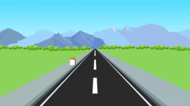 Dağları canlandıran hareketli yol manzarası. Otoyolda giden bir araba, arabanın içinden görünen bir manzara. 4K video