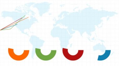 İstatistik konsepti, Dünya haritasındaki İş Veri Grafiği konsepti. Pasta grafikleri ve çizgi grafikleriyle piyasa raporları. 4K canlandırma videosu