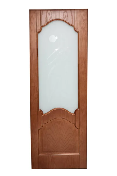 门是用褐色的木头做的 玻璃插在白色的背景上 — 图库照片