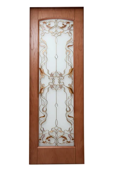 门是用褐色的木头做的 玻璃镶嵌在白色的背景上 — 图库照片