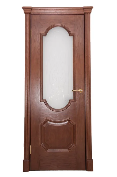 门是用褐色的木头做的 玻璃插在白色的背景上 — 图库照片