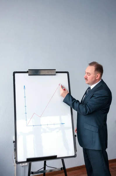 Man in suit drawing sales chart on the board