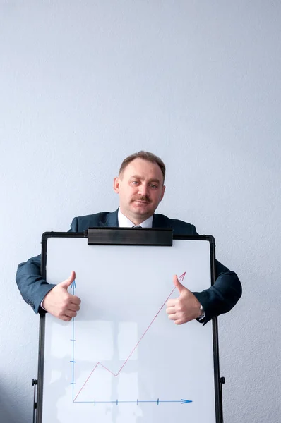 A man is standing behind the white board and holding thumbs up
