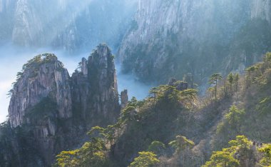 Huangshan Ulusal Parkı 'nın dağ tepelerindeki bulut ve çam ağacı manzarası. Huangshan Dağı 'nın kış mevsimi manzarası. UNESCO Dünya Mirası Alanı, Anhui Çin.