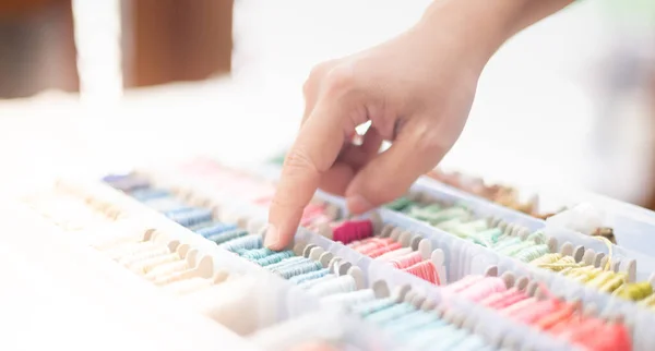 Close Hands Tailor Woman Choosing Ocean Blue Threads Different Colors — 스톡 사진