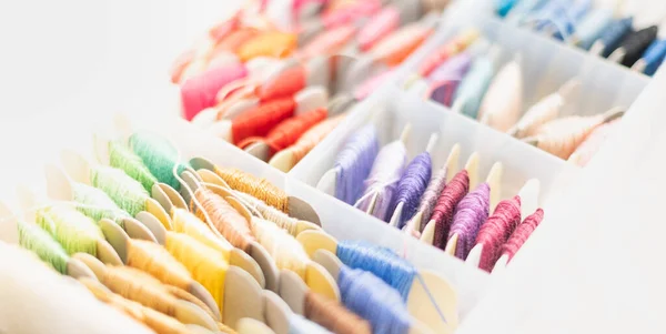 Set of multi-colored cotton threads in the plastic box prepare for handmade embroidering cotton art.