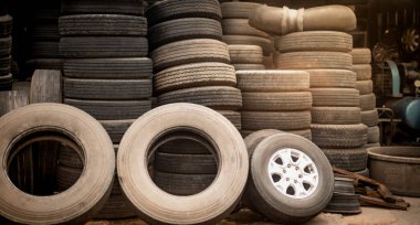 Kullanılmış araba lastikleri garajda onarmaya hazırlanıyor..