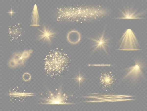 Efecto de luz amarilla, focos, polvo de estrellas de bengala. — Archivo Imágenes Vectoriales