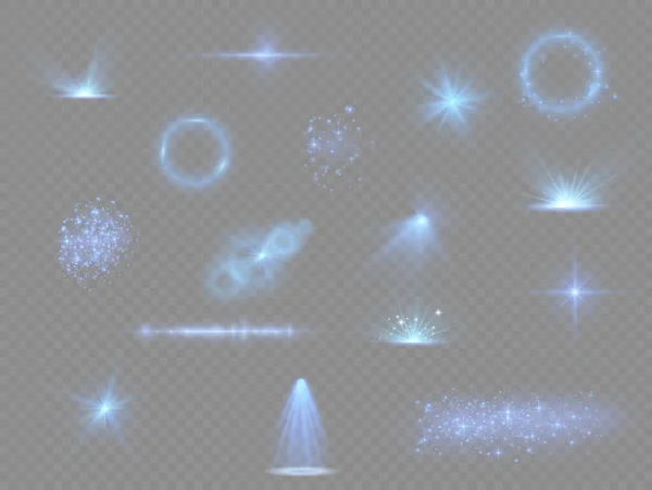 Effet de lumière bleue, projecteurs, fusée éclairante, poussière, étoiles. — Image vectorielle